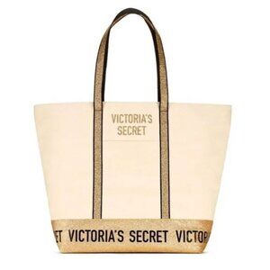 NWT Victoria's Secret Beige Canvas Zipper Gold Sparkle Glitter Tote Bag ‎ Zip Up